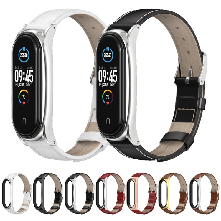 For Xiaomi Mi Band 6 / 5 / 4 / 3 Mijobs First Layer Cowhide Plus Watch Band(Red Silver) - Watch Bands by MIJOBS | Online Shopping South Africa | PMC TechLife | Buy Now Pay Later Mobicred