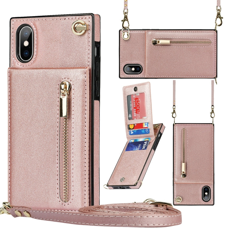 For iPhone X / XS Cross-body Zipper Square TPU+PU Back Cover Case with Holder & Card Slots & Wallet & Strap(Rose Gold) - free shipping - PMC TechLife - Order now!