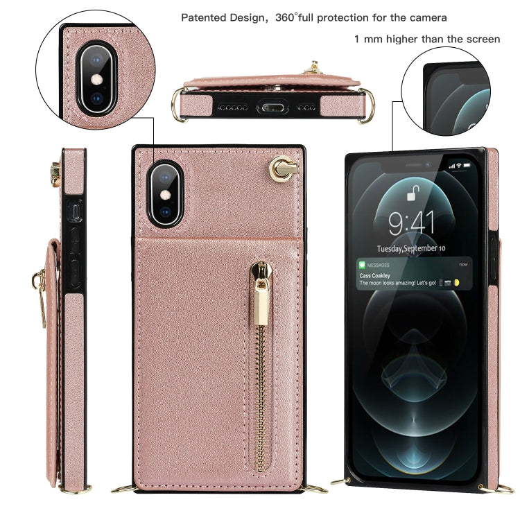 For iPhone X / XS Cross-body Zipper Square TPU+PU Back Cover Case with Holder & Card Slots & Wallet & Strap(Rose Gold) - free shipping - PMC TechLife - Order now!
