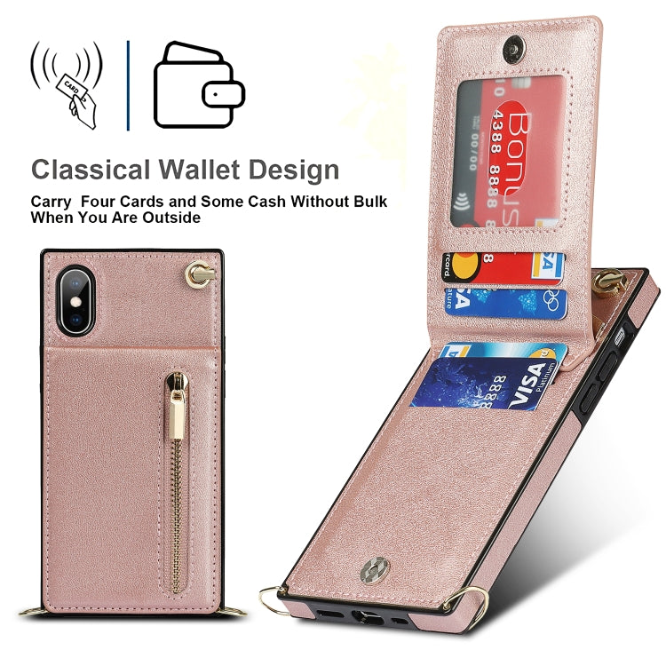 For iPhone X / XS Cross-body Zipper Square TPU+PU Back Cover Case with Holder & Card Slots & Wallet & Strap(Rose Gold) - free shipping - PMC TechLife - Order now!