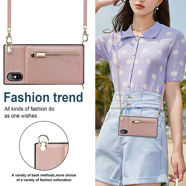 For iPhone X / XS Cross-body Zipper Square TPU+PU Back Cover Case with Holder & Card Slots & Wallet & Strap(Rose Gold) - free shipping - PMC TechLife - Order now!