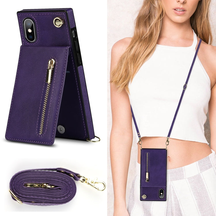 For iPhone X / XS Cross-body Zipper Square TPU+PU Back Cover Case with Holder & Card Slots & Wallet & Strap(Purple) - free shipping - PMC TechLife - Order now!