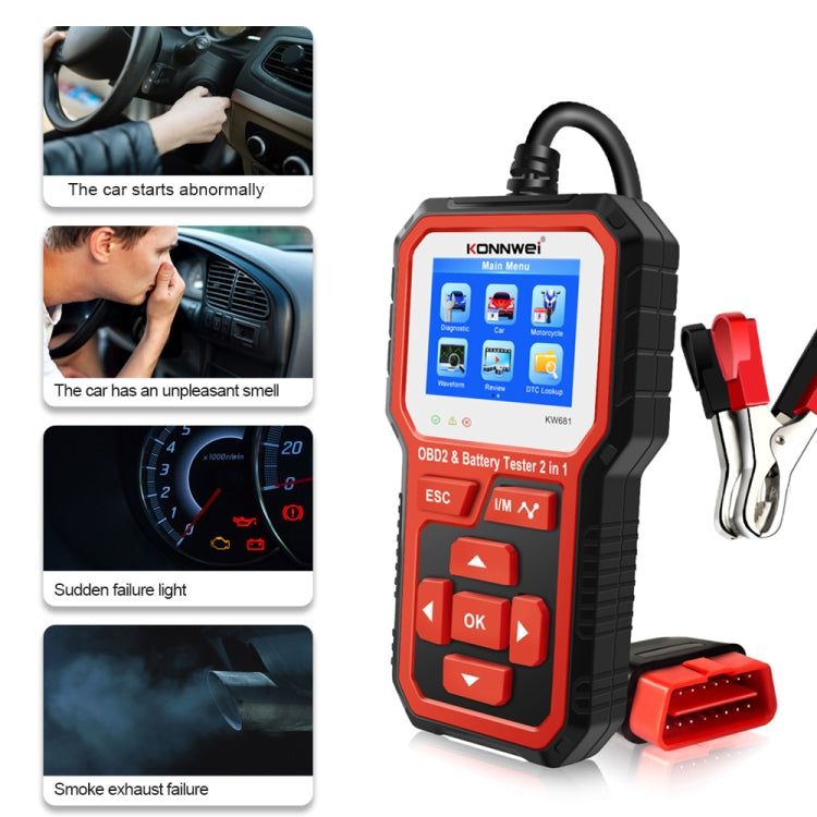 KONNWEI KW681 Car 2.4 inch TFT Screen OBD Fault Diagnosis + 6V-12V Battery Tester Support 9 Languages - free shipping - PMC TechLife - Order now!