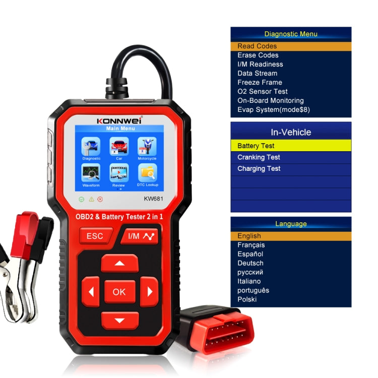 KONNWEI KW681 Car 2.4 inch TFT Screen OBD Fault Diagnosis + 6V-12V Battery Tester Support 9 Languages - free shipping - PMC TechLife - Order now!