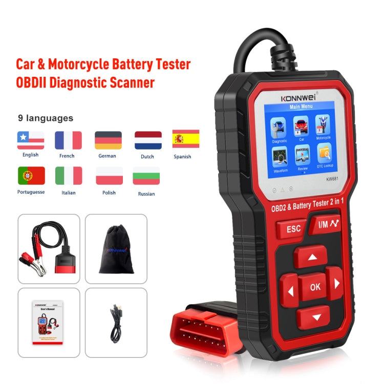 KONNWEI KW681 Car 2.4 inch TFT Screen OBD Fault Diagnosis + 6V-12V Battery Tester Support 9 Languages - free shipping - PMC TechLife - Order now!