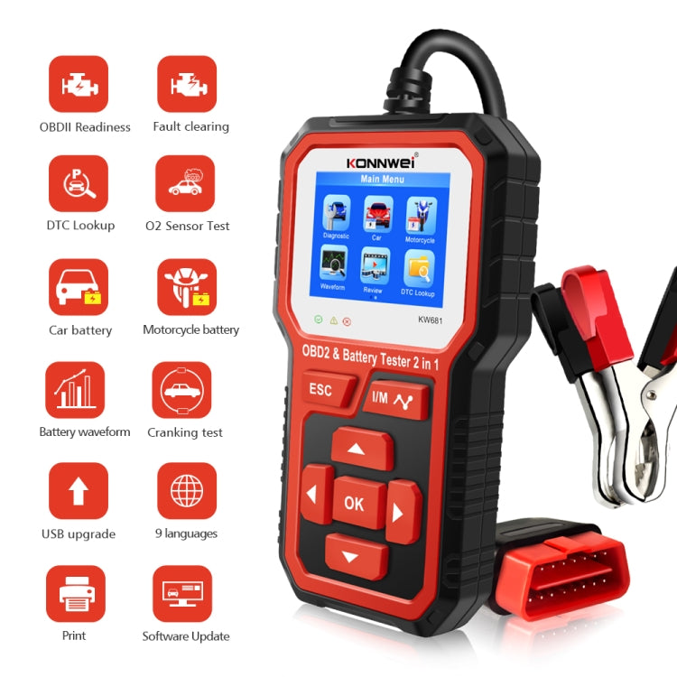 KONNWEI KW681 Car 2.4 inch TFT Screen OBD Fault Diagnosis + 6V-12V Battery Tester Support 9 Languages - free shipping - PMC TechLife - Order now!