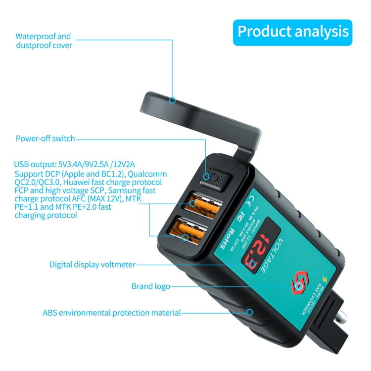 WUPP ZH-1422A2 DC12-24V Motorcycle Square Dual USB Fast Charging Charger with Switch + Voltmeter + Integrated SAE Socket + 1m SAE Socket Cable - Battery Charger by WUPP | Online Shopping South Africa | PMC TechLife | Buy Now Pay Later Mobicred