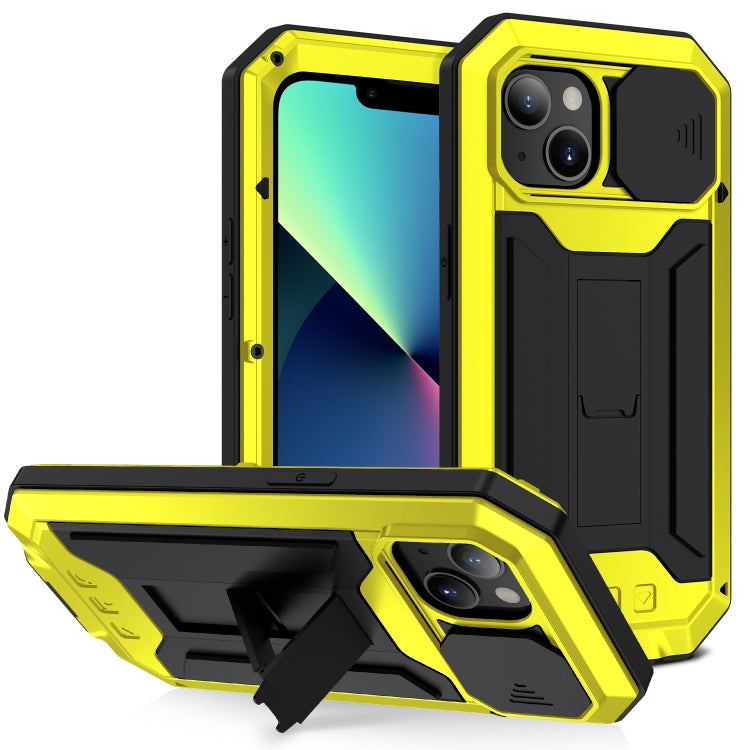 For iPhone 13 mini R-JUST Sliding Camera Shockproof Life Waterproof Dust-proof Metal + Silicone Protective Case with Holder (Yellow) - iPhone 13 mini Cases by R-JUST | Online Shopping South Africa | PMC TechLife | Buy Now Pay Later Mobicred