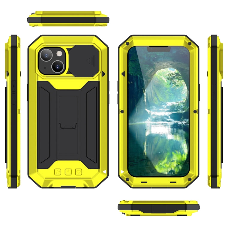 For iPhone 13 mini R-JUST Sliding Camera Shockproof Life Waterproof Dust-proof Metal + Silicone Protective Case with Holder (Yellow) - iPhone 13 mini Cases by R-JUST | Online Shopping South Africa | PMC TechLife | Buy Now Pay Later Mobicred