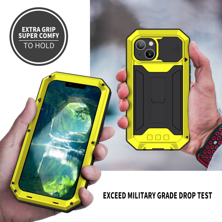 For iPhone 13 mini R-JUST Sliding Camera Shockproof Life Waterproof Dust-proof Metal + Silicone Protective Case with Holder (Yellow) - iPhone 13 mini Cases by R-JUST | Online Shopping South Africa | PMC TechLife | Buy Now Pay Later Mobicred