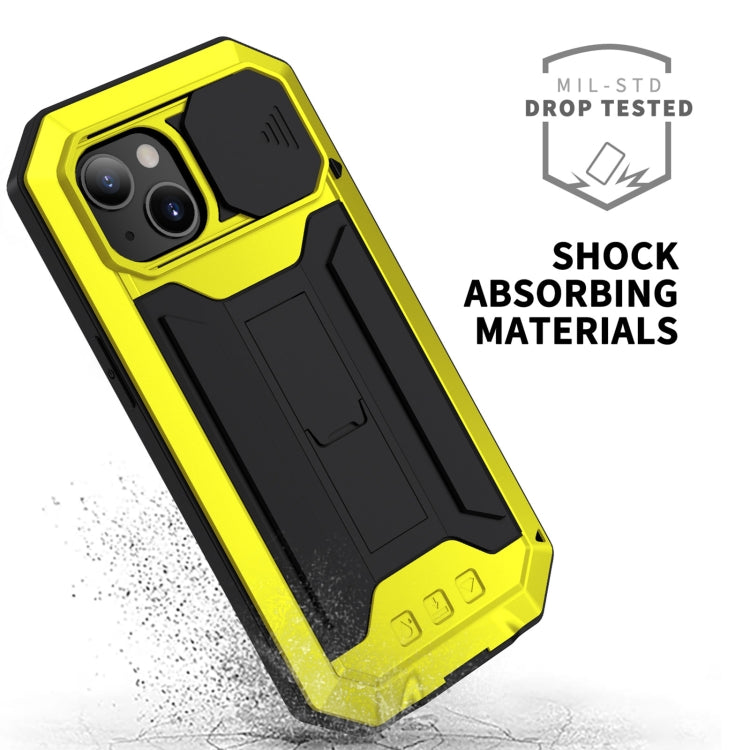 For iPhone 13 mini R-JUST Sliding Camera Shockproof Life Waterproof Dust-proof Metal + Silicone Protective Case with Holder (Yellow) - iPhone 13 mini Cases by R-JUST | Online Shopping South Africa | PMC TechLife | Buy Now Pay Later Mobicred