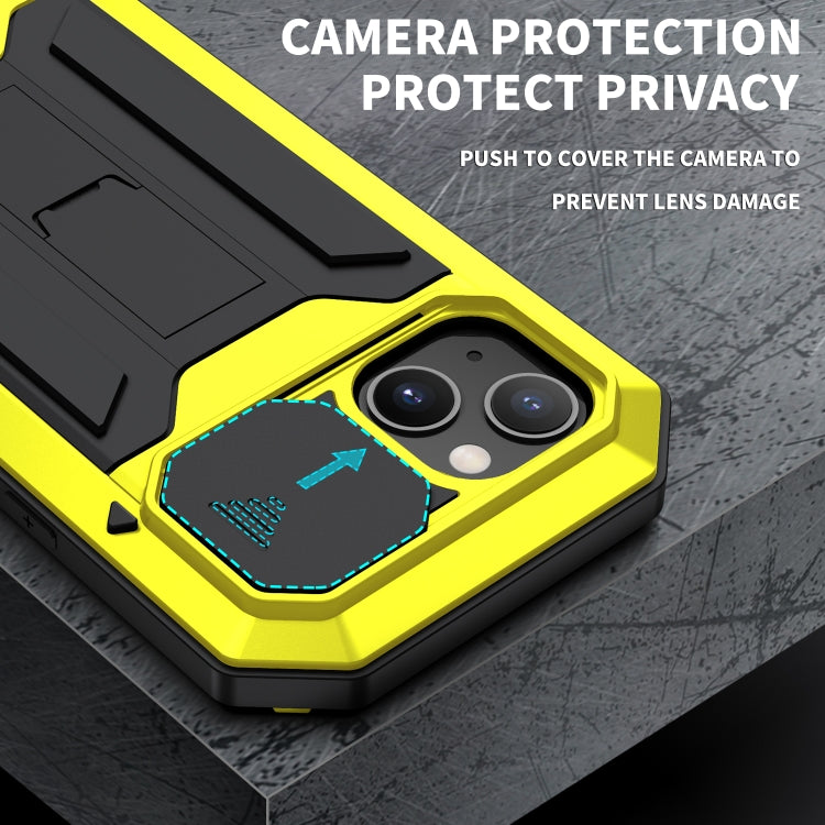 For iPhone 13 mini R-JUST Sliding Camera Shockproof Life Waterproof Dust-proof Metal + Silicone Protective Case with Holder (Yellow) - iPhone 13 mini Cases by R-JUST | Online Shopping South Africa | PMC TechLife | Buy Now Pay Later Mobicred