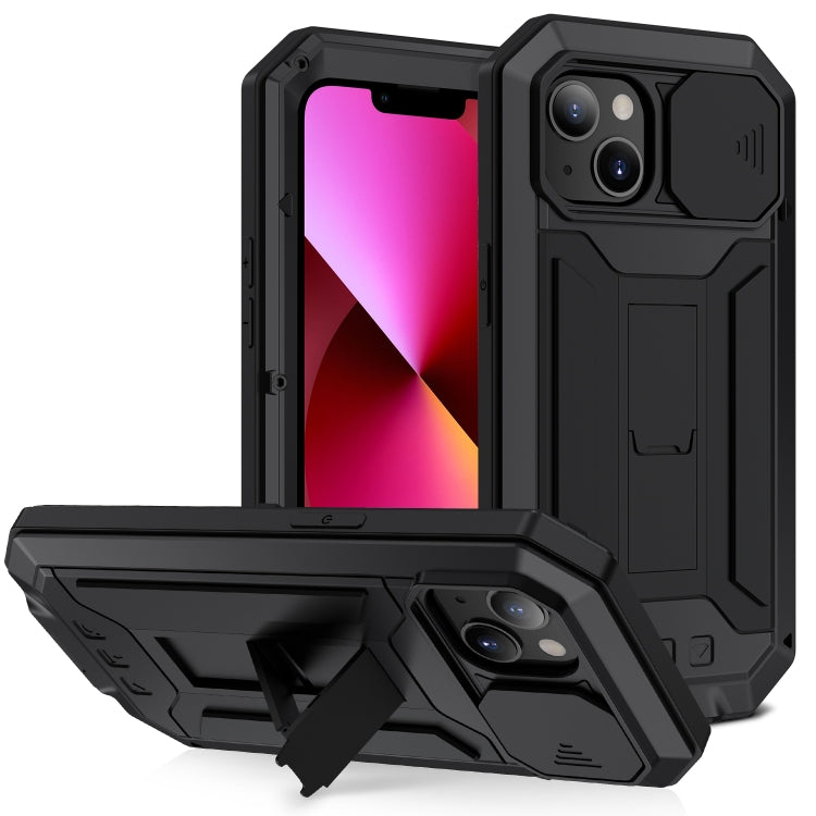 For iPhone 13 R-JUST Sliding Camera Shockproof Life Waterproof Dust-proof Metal + Silicone Protective Case with Holder(Black) - iPhone 13 Cases by R-JUST | Online Shopping South Africa | PMC TechLife | Buy Now Pay Later Mobicred