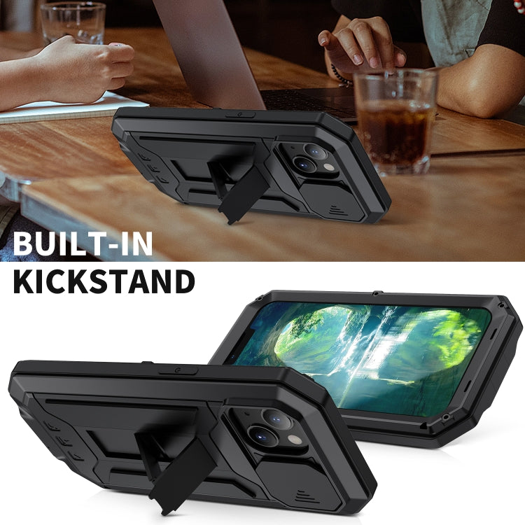 For iPhone 13 R-JUST Sliding Camera Shockproof Life Waterproof Dust-proof Metal + Silicone Protective Case with Holder(Black) - iPhone 13 Cases by R-JUST | Online Shopping South Africa | PMC TechLife | Buy Now Pay Later Mobicred
