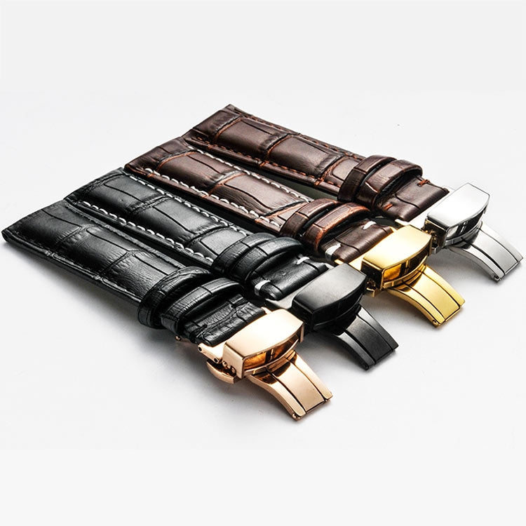 22mm Classic Cowhide Leather Gold Butterfly Buckle Watch Band(Black White Lines) - Watch Bands by PMC TechLife | Online Shopping South Africa | PMC TechLife | Buy Now Pay Later Mobicred