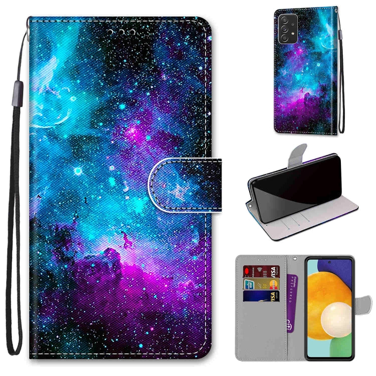 For Samsung Galaxy A53 5G Global Coloured Drawing Cross Texture Horizontal Flip PU Phone Leather Case with Holder & Card Slots & Wallet & Lanyard(Colorful Layer(Purple Green Starry Sky) - free shipping - PMC TechLife - Order now!
