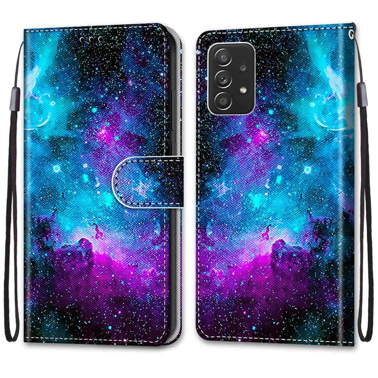 For Samsung Galaxy A53 5G Global Coloured Drawing Cross Texture Horizontal Flip PU Phone Leather Case with Holder & Card Slots & Wallet & Lanyard(Colorful Layer(Purple Green Starry Sky) - free shipping - PMC TechLife - Order now!