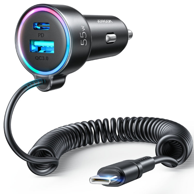 JOYROOM JR-CL07 3 in 1 55W PD USB-C / Type-C + USB Interface Car Charger with USB-C / Type-C Spring Data Cable(Black) - free shipping - PMC TechLife - Order now!