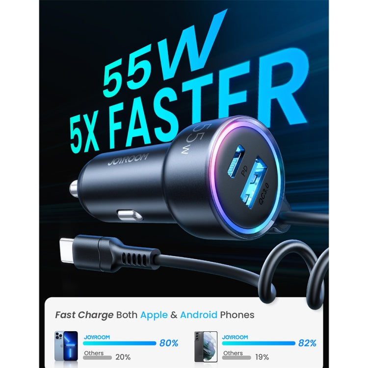 JOYROOM JR-CL07 3 in 1 55W PD USB-C / Type-C + USB Interface Car Charger with USB-C / Type-C Spring Data Cable(Black) - free shipping - PMC TechLife - Order now!