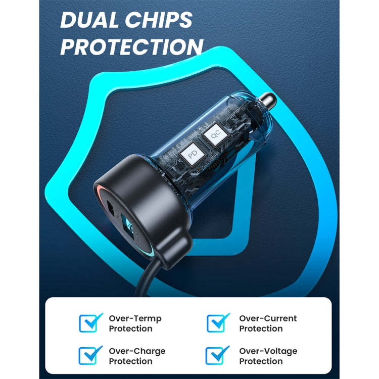 JOYROOM JR-CL07 3 in 1 55W PD USB-C / Type-C + USB Interface Car Charger with USB-C / Type-C Spring Data Cable(Black) - free shipping - PMC TechLife - Order now!