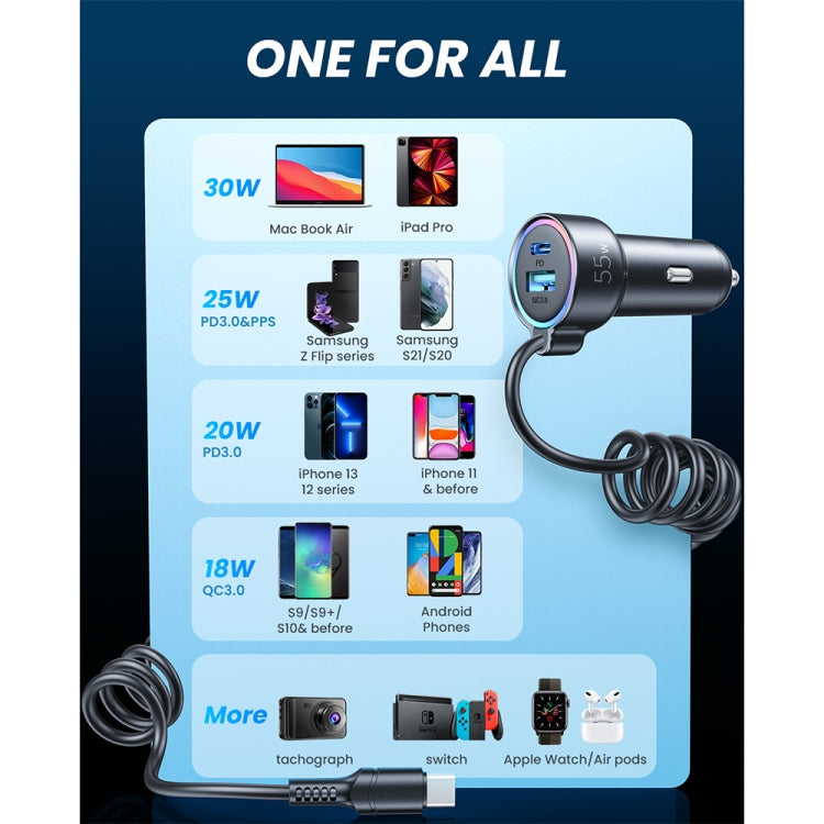 JOYROOM JR-CL07 3 in 1 55W PD USB-C / Type-C + USB Interface Car Charger with USB-C / Type-C Spring Data Cable(Black) - free shipping - PMC TechLife - Order now!