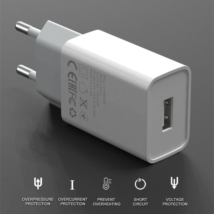 IVON AD-33 2 in 1 2.1A Single USB Port Travel Charger + 1m USB to 8 Pin Data Cable Set, EU Plug(White) - USB Charger by IVON | Online Shopping South Africa | PMC TechLife | Buy Now Pay Later Mobicred