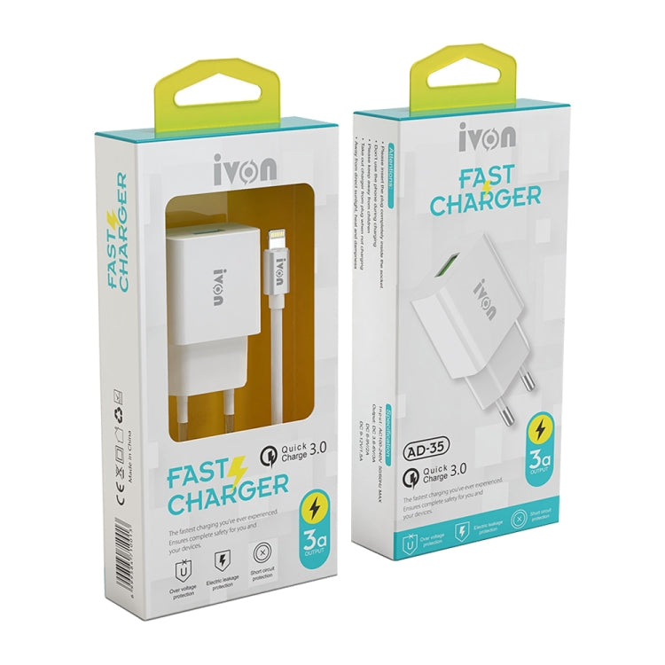 IVON AD-35 2 in 1 18W QC3.0 USB Port Travel Charger + 1m USB to 8 Pin Data Cable Set, EU Plug(White) - USB Charger by IVON | Online Shopping South Africa | PMC TechLife