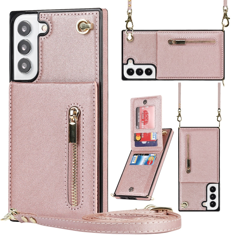 For Samsung Galaxy S22 5G Cross-body Square Zipper Card Holder Bag Phone Case(Rose Gold) - Galaxy S22 5G Cases by PMC TechLife | Online Shopping South Africa | PMC TechLife