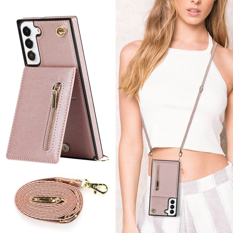 For Samsung Galaxy S22 5G Cross-body Square Zipper Card Holder Bag Phone Case(Rose Gold) - Galaxy S22 5G Cases by PMC TechLife | Online Shopping South Africa | PMC TechLife