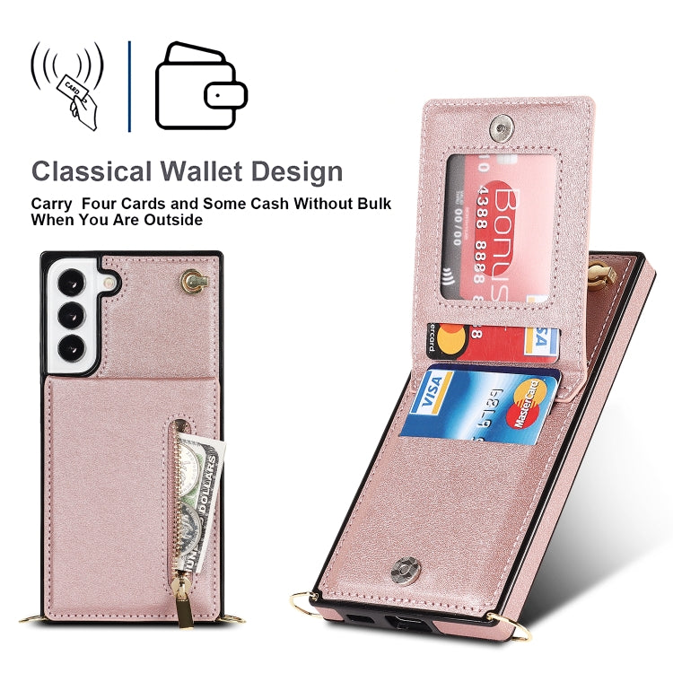 For Samsung Galaxy S22 5G Cross-body Square Zipper Card Holder Bag Phone Case(Rose Gold) - Galaxy S22 5G Cases by PMC TechLife | Online Shopping South Africa | PMC TechLife