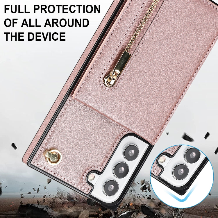For Samsung Galaxy S22 5G Cross-body Square Zipper Card Holder Bag Phone Case(Rose Gold) - Galaxy S22 5G Cases by PMC TechLife | Online Shopping South Africa | PMC TechLife