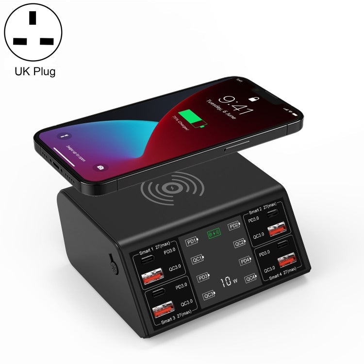 838w 9 in 1 100W 4 PD 3.0 USB-C / Type-C + 4 QC 3.0 USB Ports Smart Digital Display Wireless Charger, UK Plug(Black) - Multifunction Charger by PMC TechLife | Online Shopping South Africa | PMC TechLife