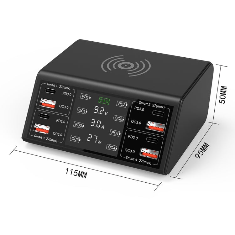 838w 9 in 1 100W 4 PD 3.0 USB-C / Type-C + 4 QC 3.0 USB Ports Smart Digital Display Wireless Charger, UK Plug(Black) - Multifunction Charger by PMC TechLife | Online Shopping South Africa | PMC TechLife