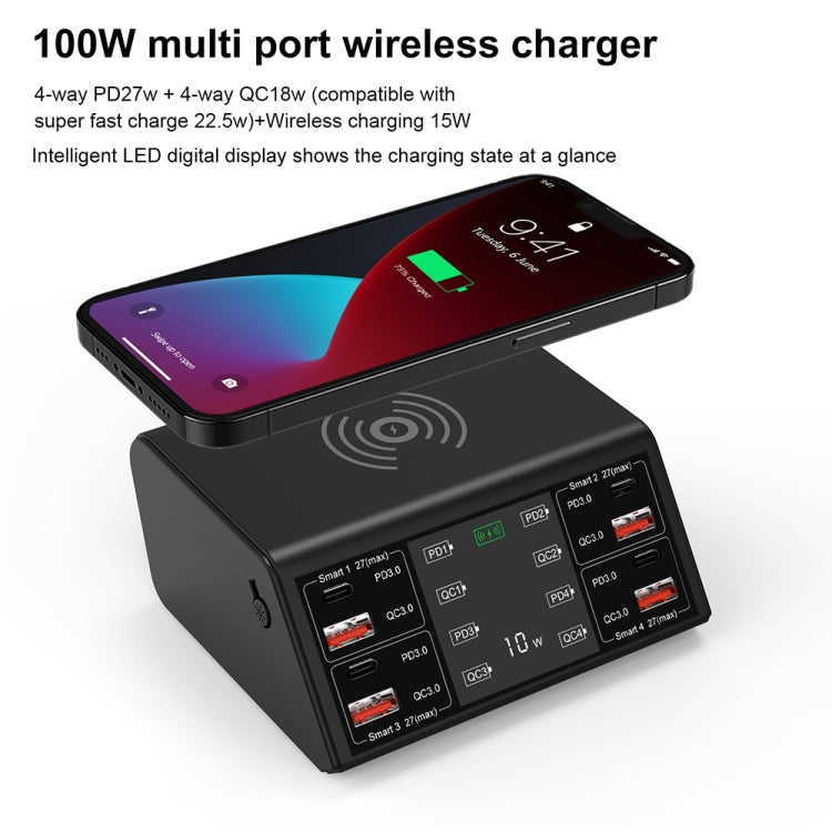 838w 9 in 1 100W 4 PD 3.0 USB-C / Type-C + 4 QC 3.0 USB Ports Smart Digital Display Wireless Charger, UK Plug(Black) - Multifunction Charger by PMC TechLife | Online Shopping South Africa | PMC TechLife