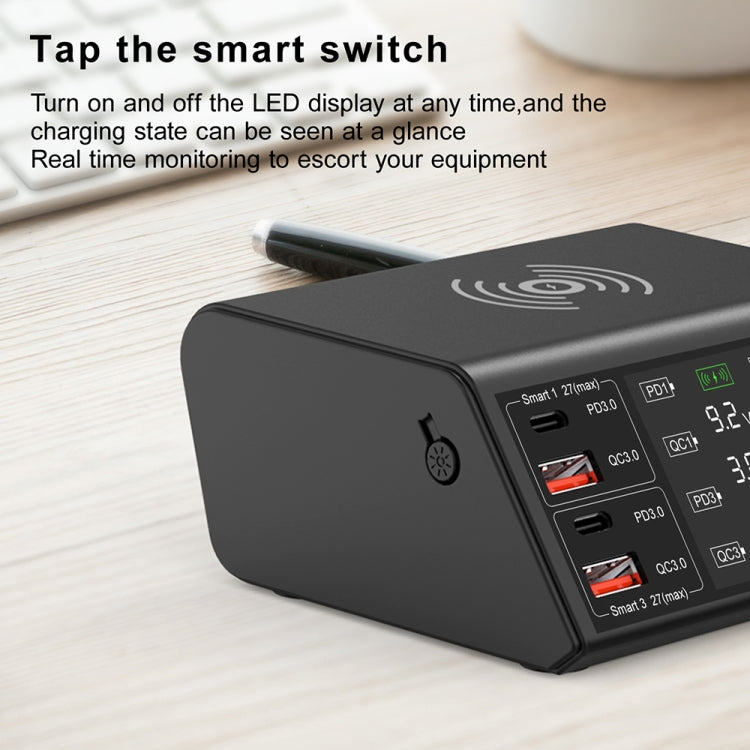 838w 9 in 1 100W 4 PD 3.0 USB-C / Type-C + 4 QC 3.0 USB Ports Smart Digital Display Wireless Charger, UK Plug(Black) - Multifunction Charger by PMC TechLife | Online Shopping South Africa | PMC TechLife