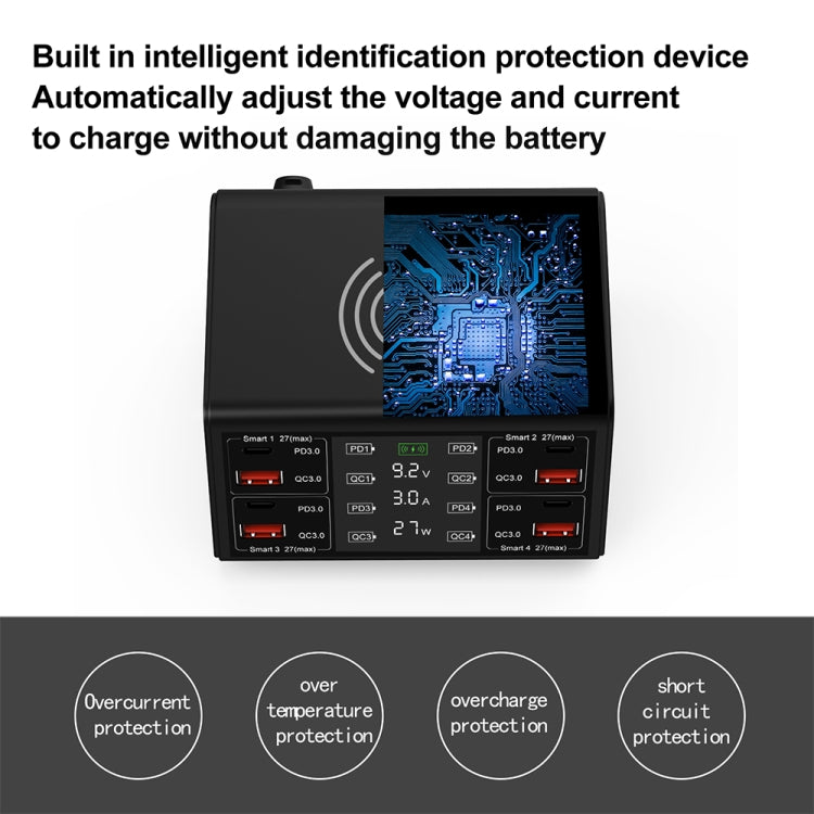 838w 9 in 1 100W 4 PD 3.0 USB-C / Type-C + 4 QC 3.0 USB Ports Smart Digital Display Wireless Charger, UK Plug(Black) - Multifunction Charger by PMC TechLife | Online Shopping South Africa | PMC TechLife