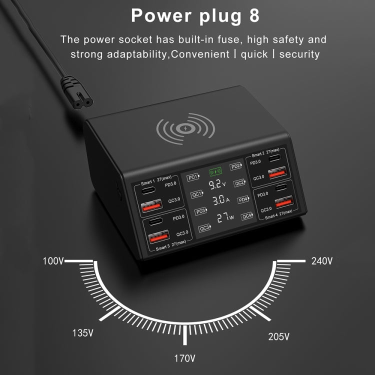838w 9 in 1 100W 4 PD 3.0 USB-C / Type-C + 4 QC 3.0 USB Ports Smart Digital Display Wireless Charger, UK Plug(Black) - Multifunction Charger by PMC TechLife | Online Shopping South Africa | PMC TechLife