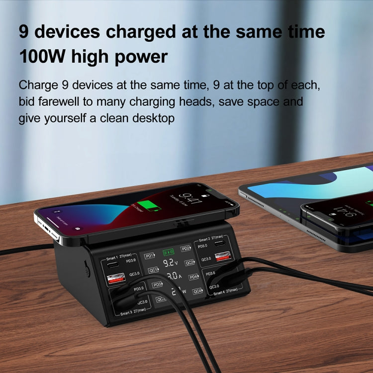 838w 9 in 1 100W 4 PD 3.0 USB-C / Type-C + 4 QC 3.0 USB Ports Smart Digital Display Wireless Charger, UK Plug(Black) - Multifunction Charger by PMC TechLife | Online Shopping South Africa | PMC TechLife