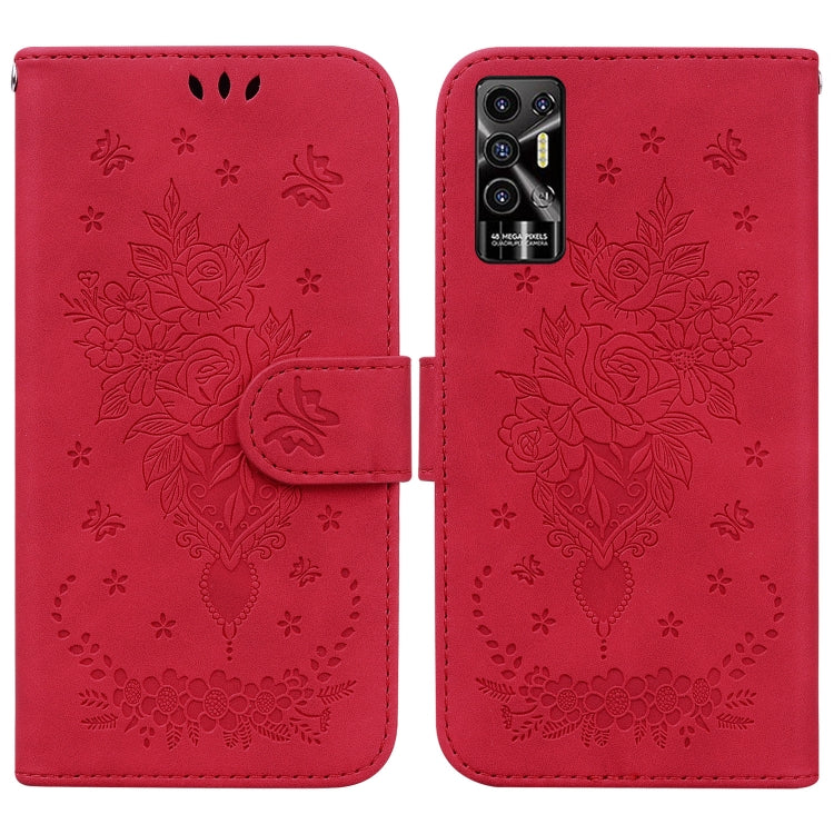 For Tecno Pova 2 Butterfly Rose Embossed Leather Phone Case(Red) - Tecno Cases by PMC TechLife | Online Shopping South Africa | PMC TechLife | Buy Now Pay Later Mobicred
