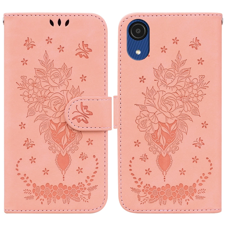 For Samsung Galaxy A03 Core Butterfly Rose Embossed Leather Phone Case(Pink) - Galaxy Phone Cases by PMC TechLife | Online Shopping South Africa | PMC TechLife | Buy Now Pay Later Mobicred