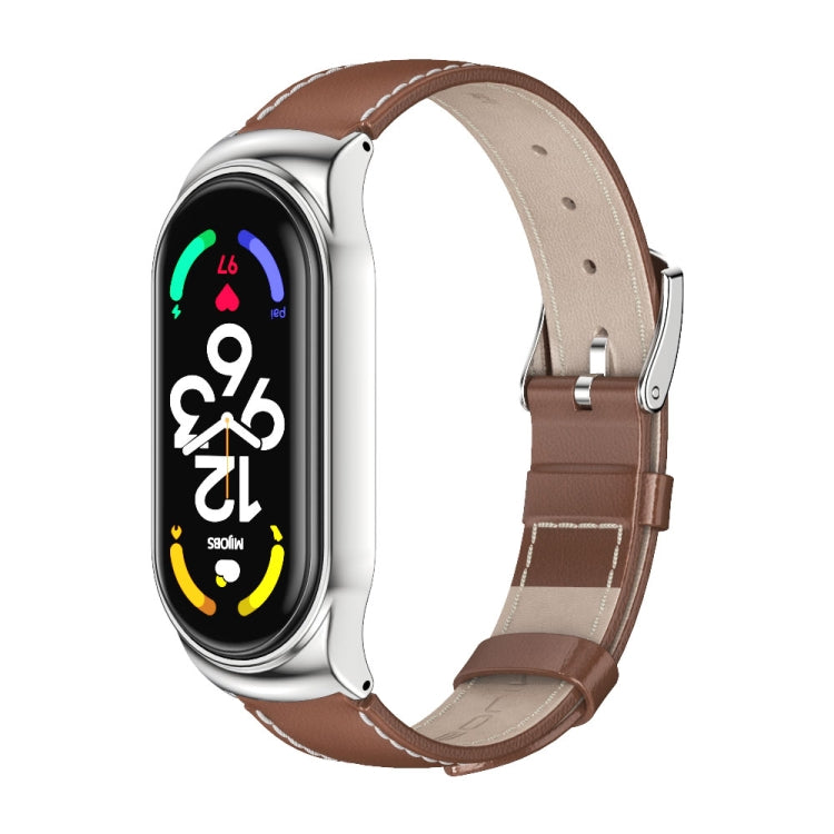 For Xiaomi Mi Band 7 / 7 NFC MIJOBS CS Metal Case Genuine Leather Top Layer Cowhide Watch Band(Brown Silver) - Watch Bands by MIJOBS | Online Shopping South Africa | PMC TechLife | Buy Now Pay Later Mobicred