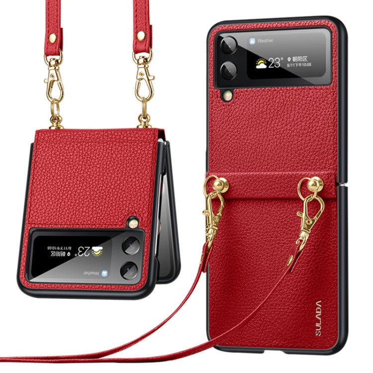 For Samsung Galaxy Z Flip3 5G SULADA Litchi Texture Leather + TPU Phone Case with Strap(Red) - free shipping - PMC TechLife - Order now!