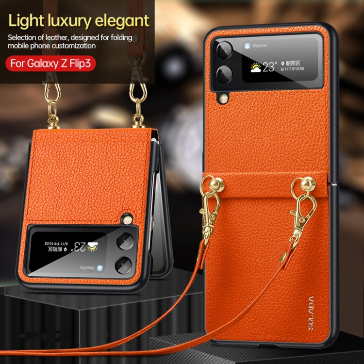 For Samsung Galaxy Z Flip3 5G SULADA Litchi Texture Leather + TPU Phone Case with Strap(Orange) - free shipping - PMC TechLife - Order now!