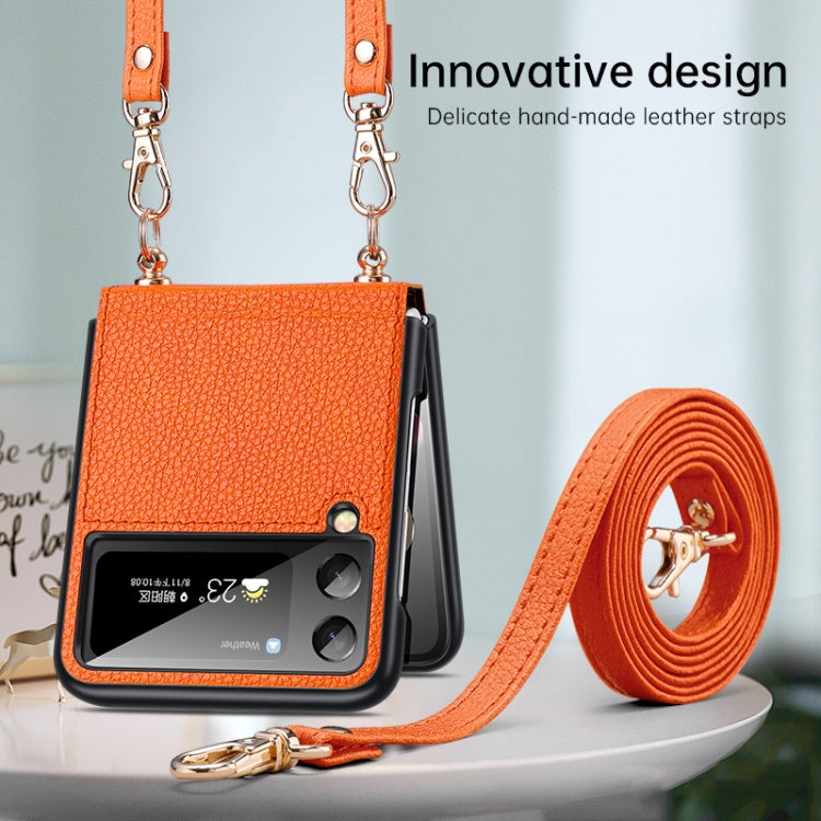 For Samsung Galaxy Z Flip3 5G SULADA Litchi Texture Leather + TPU Phone Case with Strap(Orange) - free shipping - PMC TechLife - Order now!