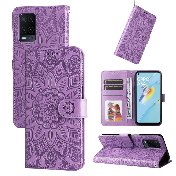 For OPPO A54 4G / A16 / A16s / A55 4G Embossed Sunflower Leather Phone Case(Purple) - free shipping - PMC TechLife - Order now!