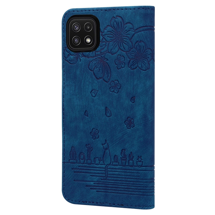 For Samsung Galaxy A22 5G / A22s 5G Cartoon Sakura Cat Embossed Leather Phone Case(Royal Blue) - free shipping - PMC TechLife - Order now!