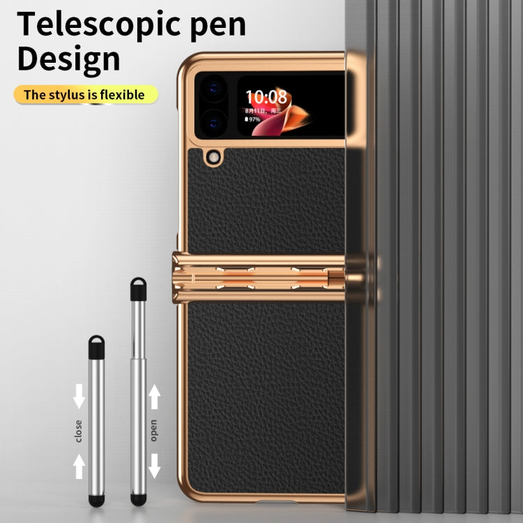 For Samsung Galaxy Z Flip3 5G Litchi Texture Leather Hinged Electroplated Phone Case with Pen(Black Gold) - free shipping - PMC TechLife - Order now!