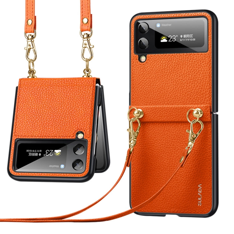 For Samsung Galaxy Z Flip4 SULADA Litchi Texture Leather + TPU Phone Case with Strap(Orange) - free shipping - PMC TechLife - Order now!