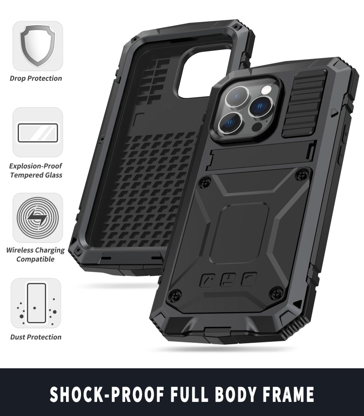 For iPhone 14 Pro Max R-JUST Shockproof Waterproof Dust-proof Case with Holder (Black) - free shipping - PMC TechLife - Order now!
