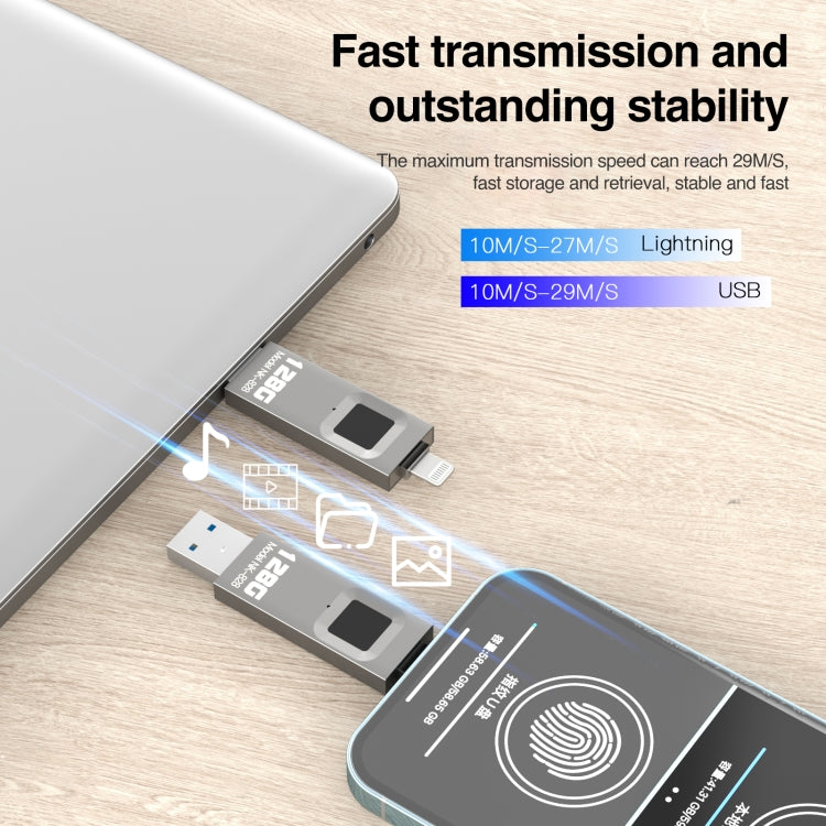 256GB NK-828 8 Pin + USB 2 in 1 Zinc Alloy U Disk with Fingerprint Unlock - U Disk & Card Reader by PMC TechLife | Online Shopping South Africa | PMC TechLife